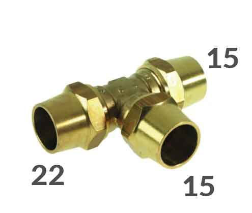 Knel Gas T-knelkoppeling FFF 22x15x15 op=op